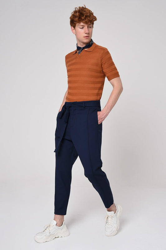 Striped Polo-Neck Patterned Knit T-Shirt