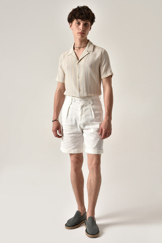 Antioch Striped Apache-Collar Short-Sleeve Linen Shirt