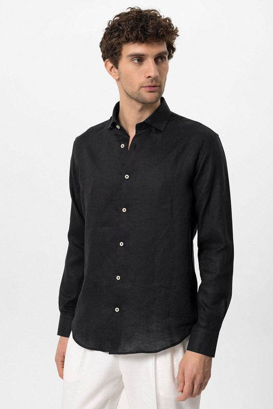 Men's 100% Linen Shirt with an Antioch Collar and Button Detail