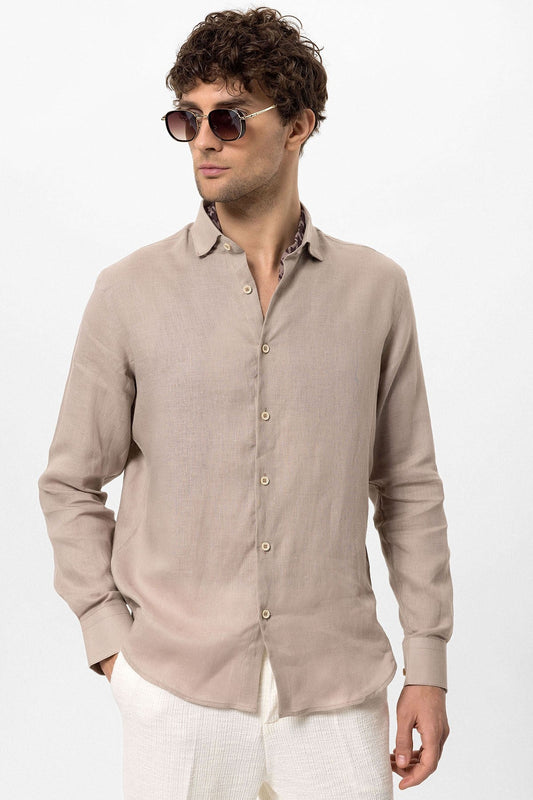 Men's 100% Linen Shirt with an Antioch Collar and Button Detail