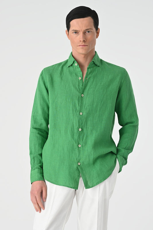 Men's 100% Linen Shirt with an Antioch Collar and Button Detail