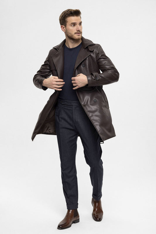 Antioch Men's Belted Double-Breasted Faux Leather Trench Coat