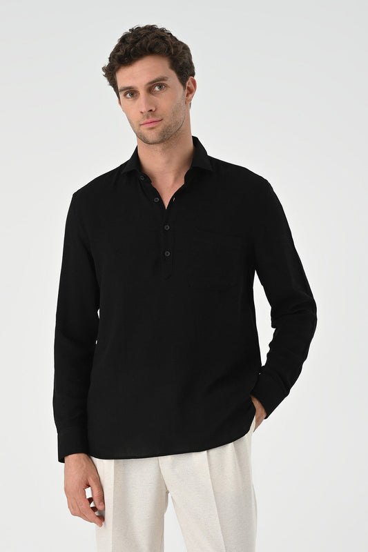 Men's Long-Sleeved Shirt with Half-Button Closure