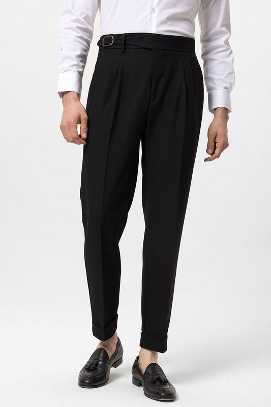 High-Waisted Pleated Men's Pants with Buckle Detail