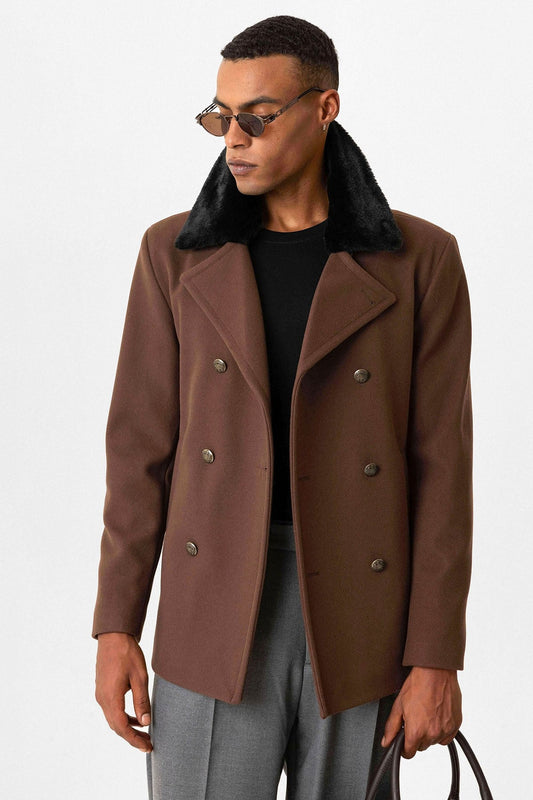 Antioch Men's Coat with Fur Collar and Double-Breasted Closure