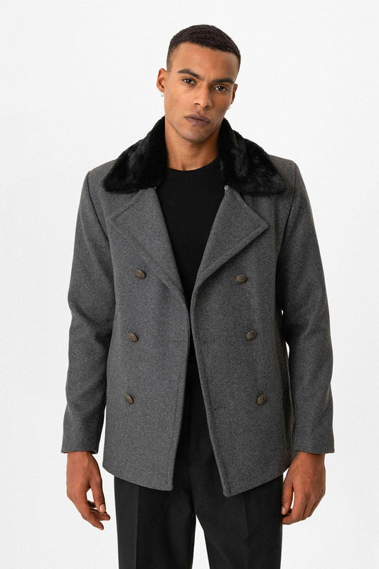 Antioch Men's Coat with Fur Collar and Double-Breasted Closure