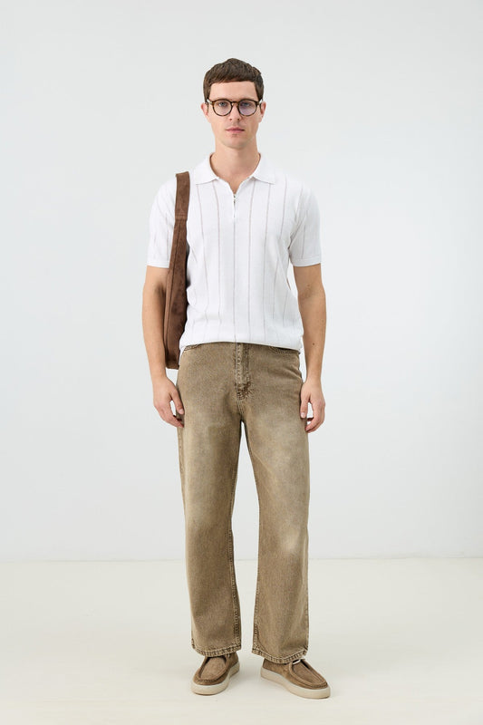 Antioch Zip-Up Collar Striped Knit Men's T-Shirt