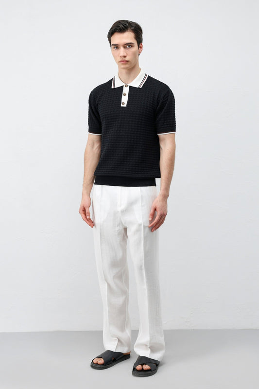 Cotton-Blend Textured Polo Neck Sweater