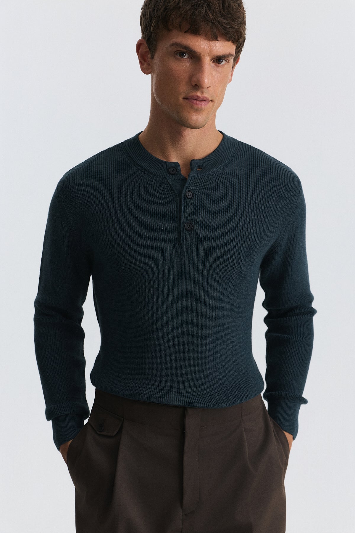 Button-Neck Textured Sweater