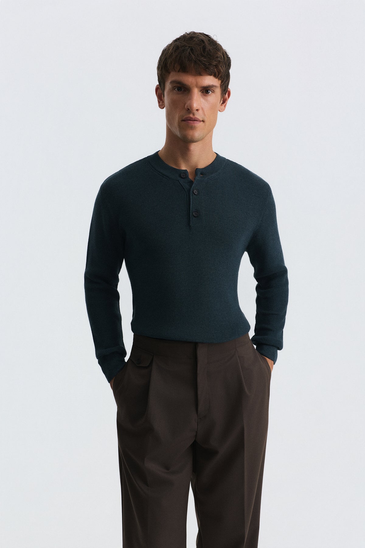 Button-Neck Textured Sweater