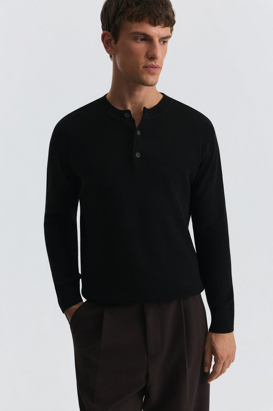Button-Neck Textured Sweater