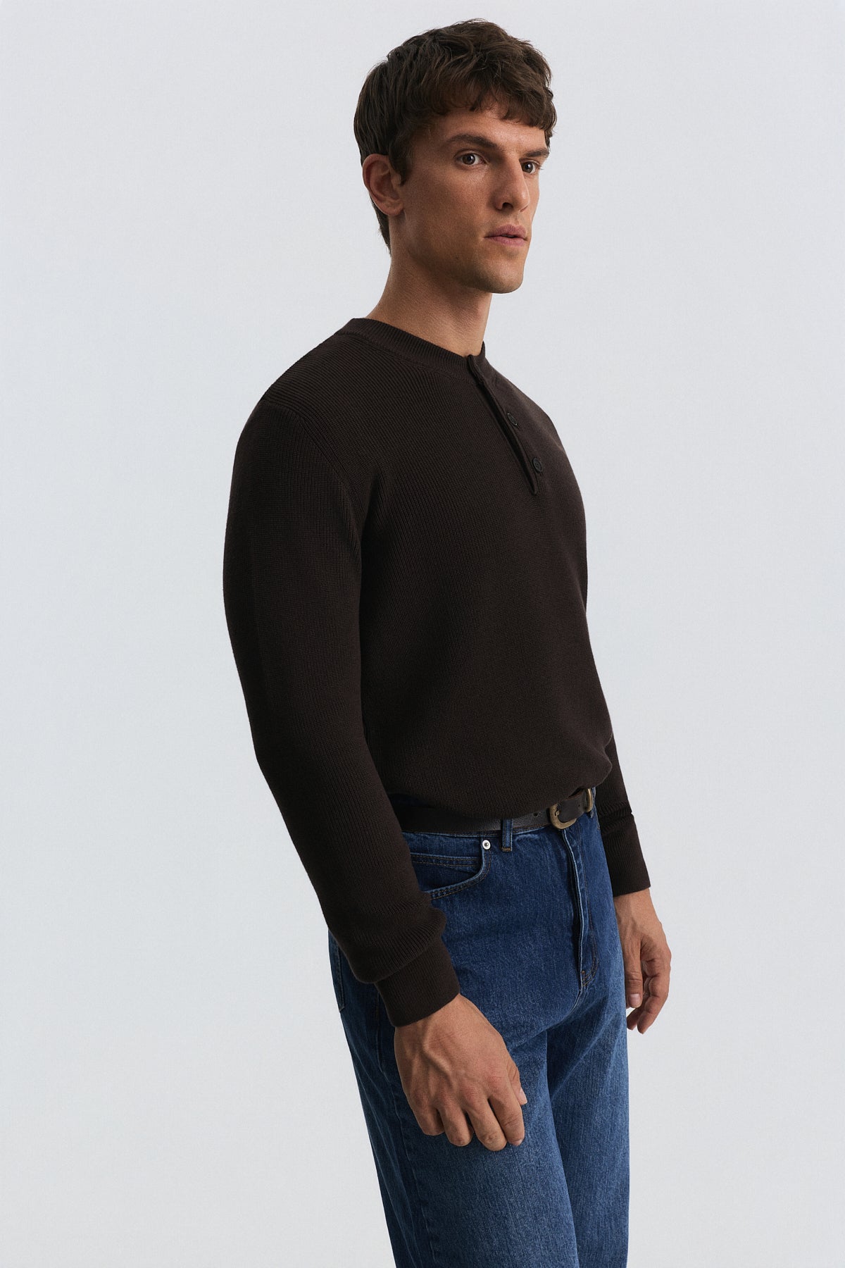 Button-Neck Textured Sweater