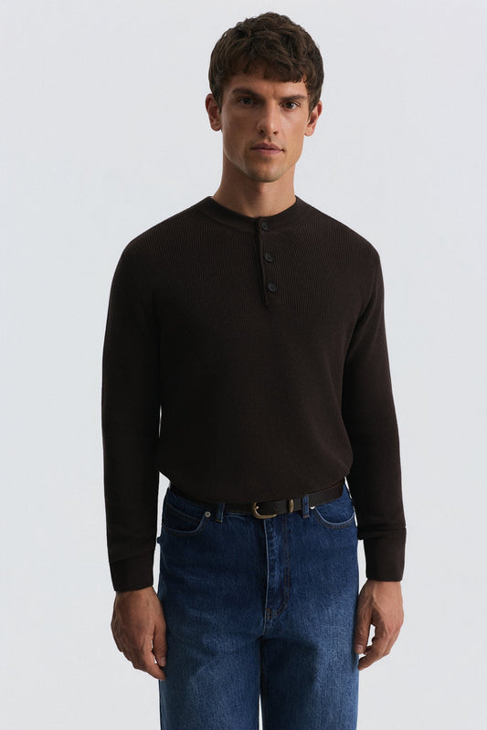 Button-Neck Textured Sweater
