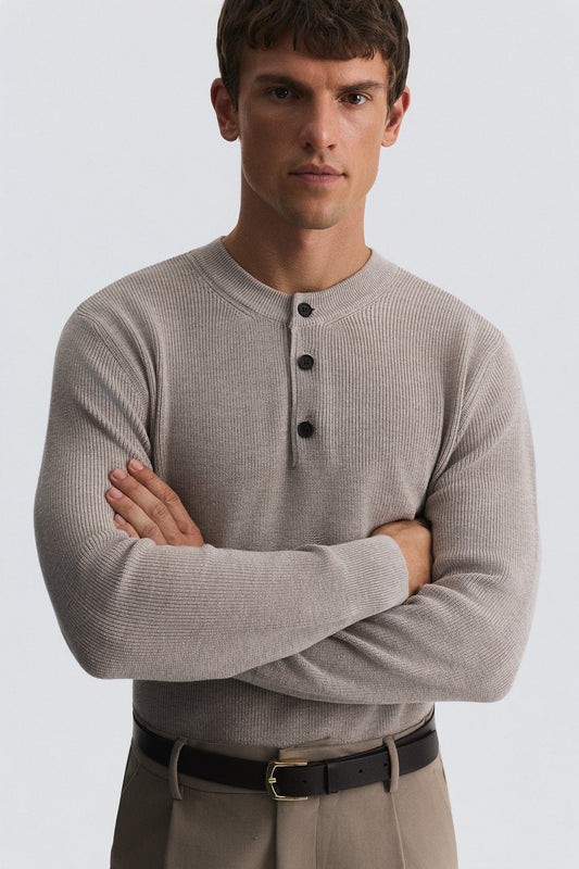 Button-Neck Textured Sweater