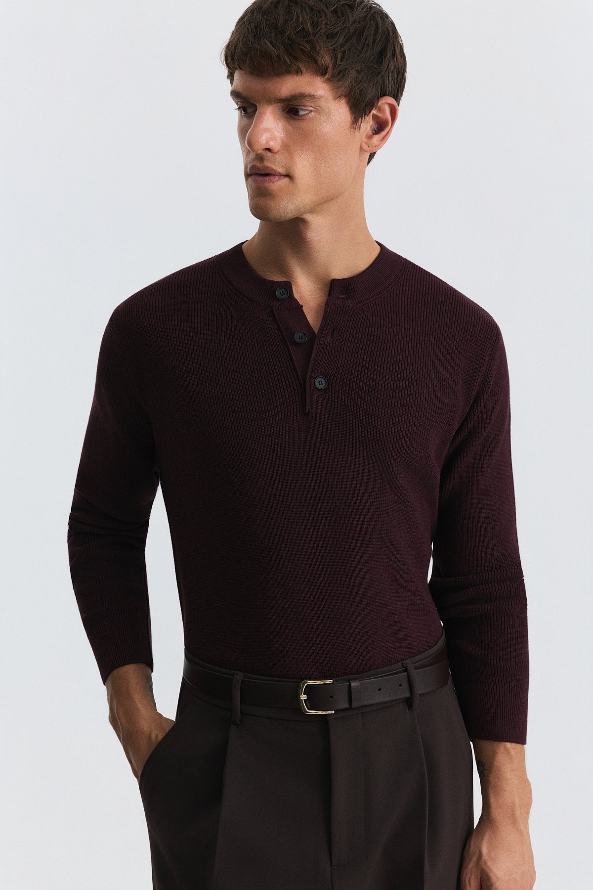 Button-Neck Textured Sweater