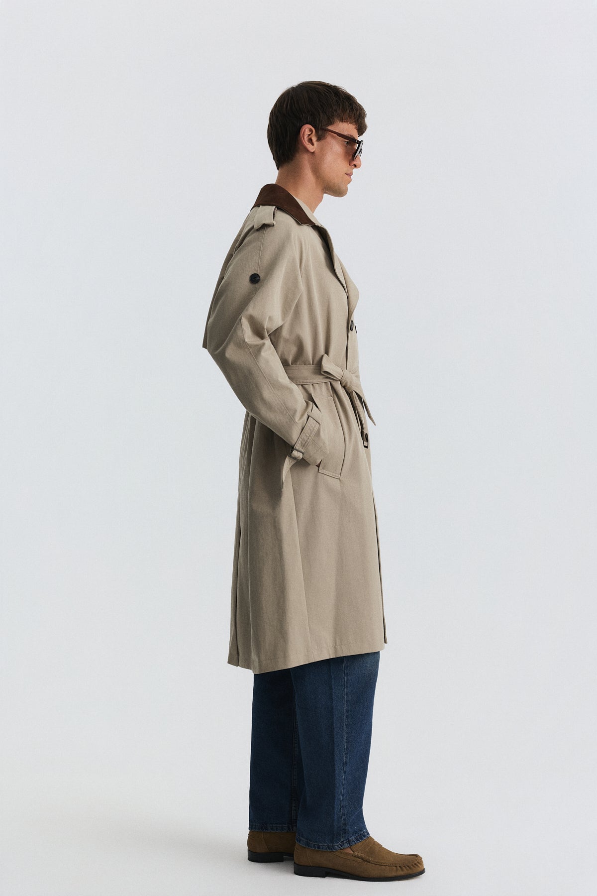 Contrast-Collar Double-Breasted Trench Coat