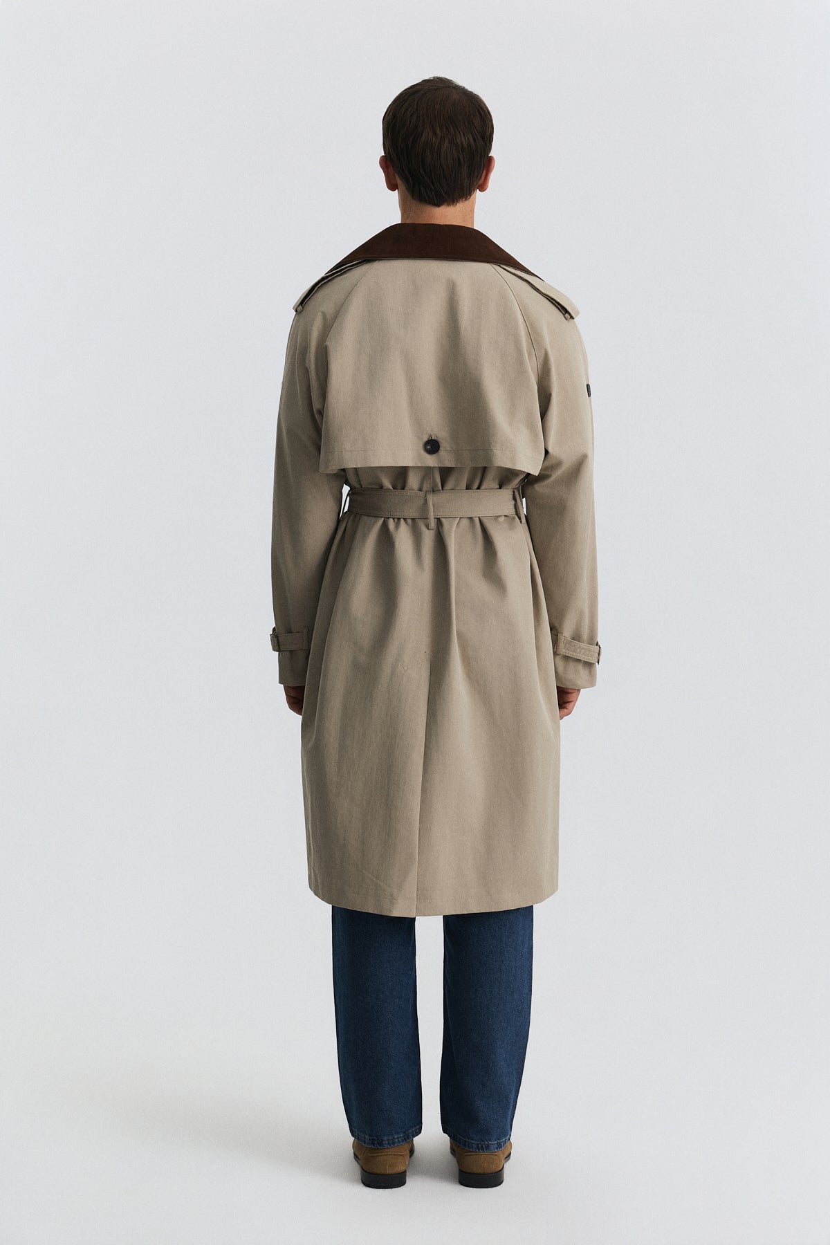 Contrast-Collar Double-Breasted Trench Coat