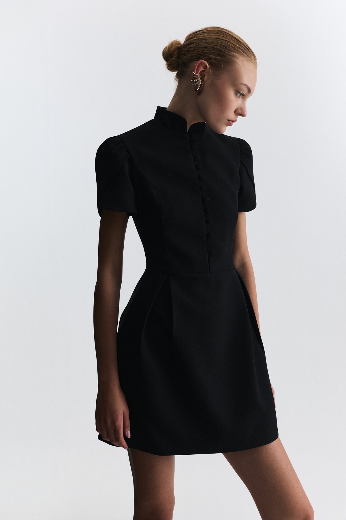 Pleated-Sleeve Mini Dress