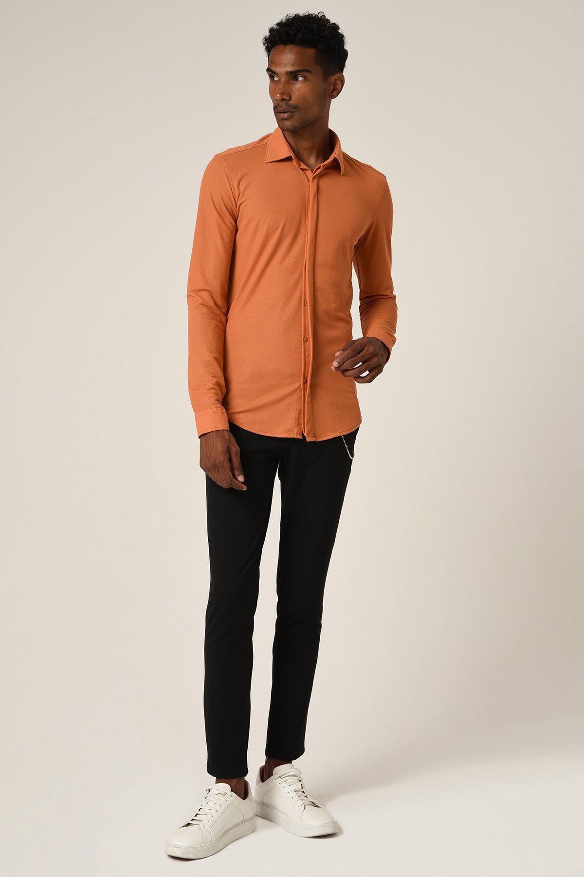 Antioch Men's Long-Sleeve Slim-Fit Knit Shirt with Hidden Buttons