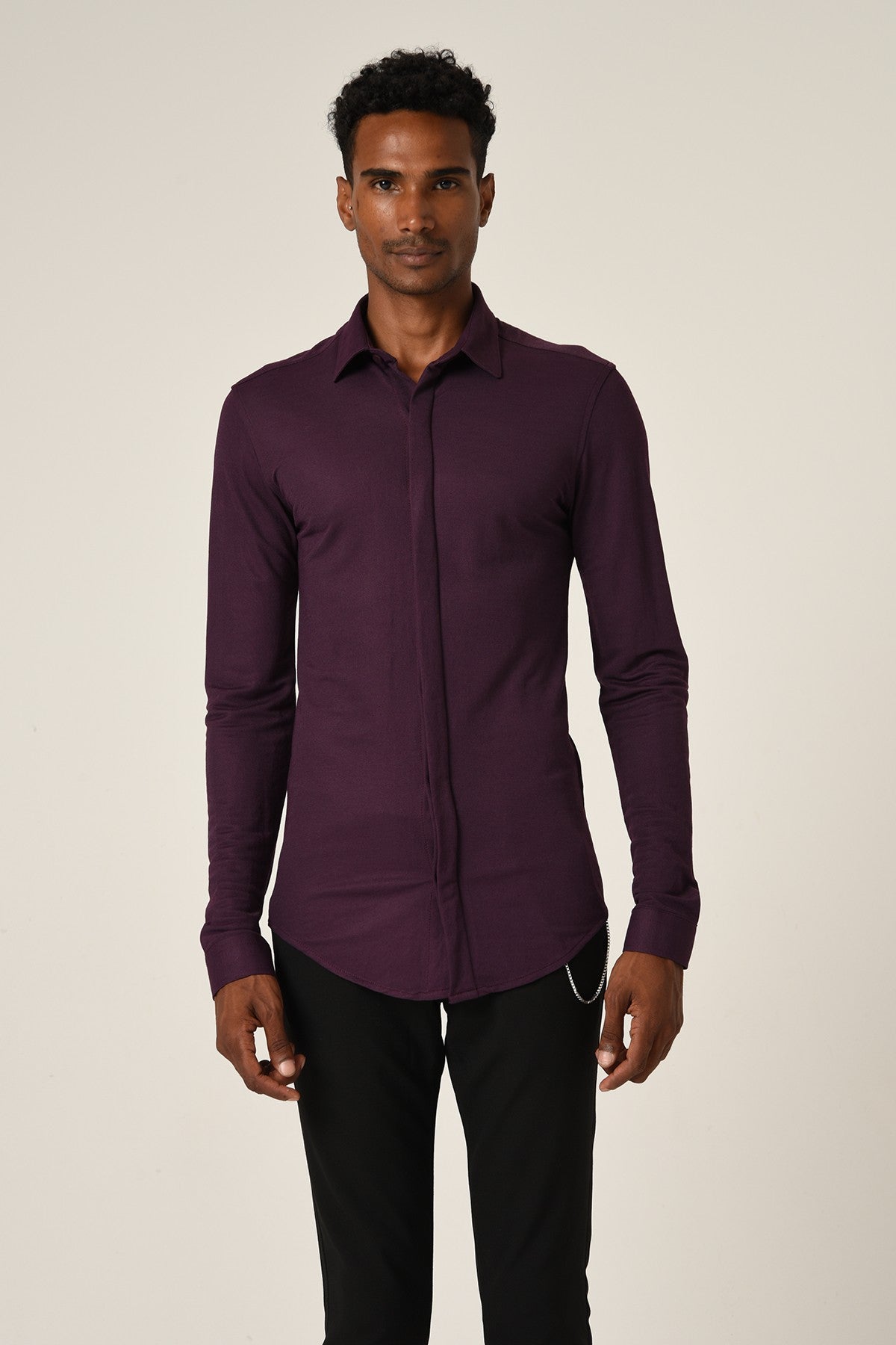 Antioch Men's Long-Sleeve Slim-Fit Knit Shirt with Hidden Buttons