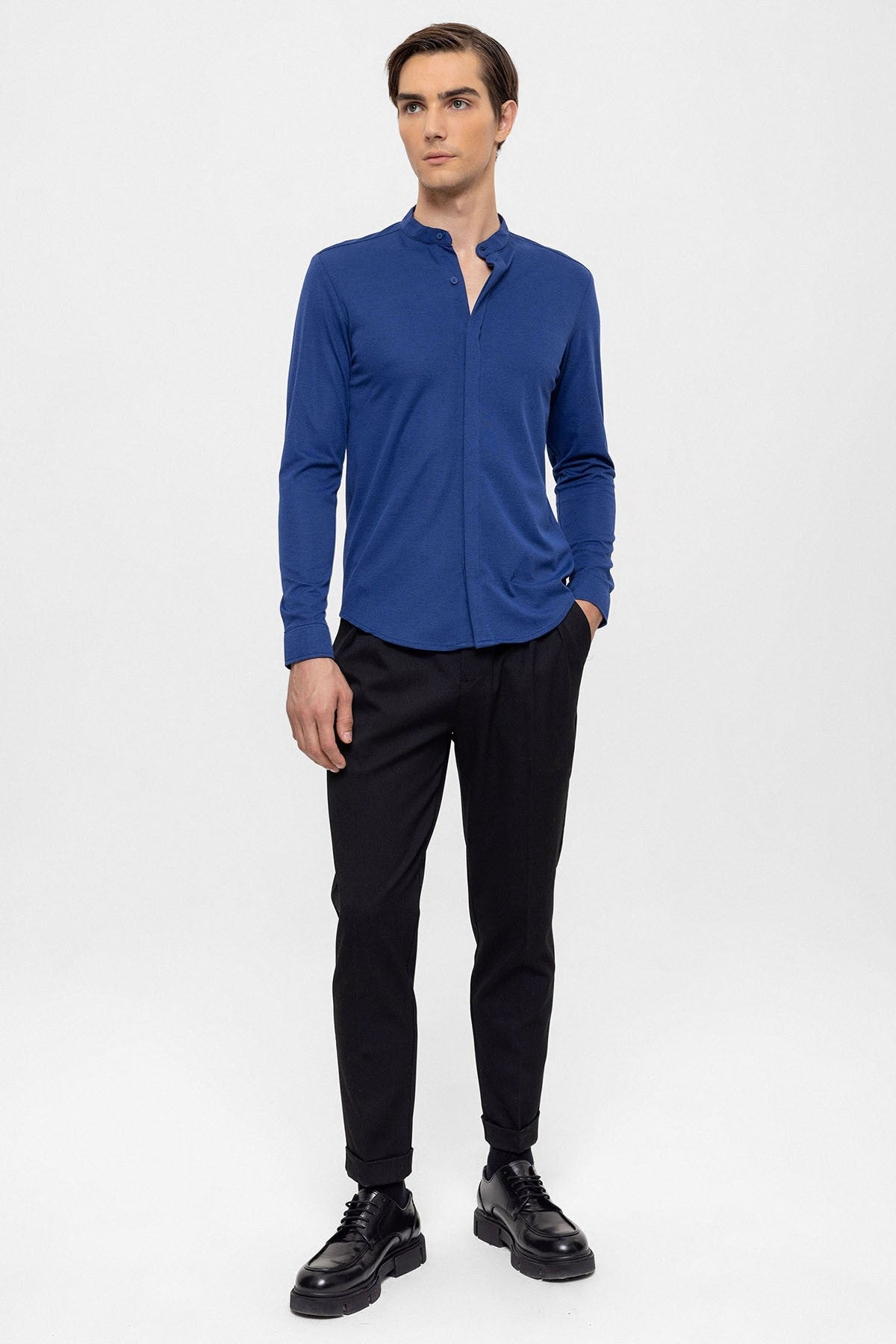 Antioch Men's Judge-Collar Hidden-Button Long-Sleeve Slim-Fit Shirt