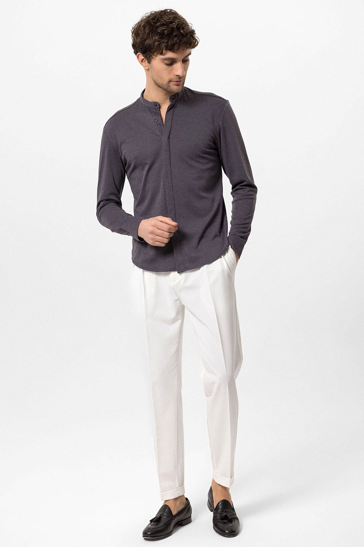 Antioch Men's Judge-Collar Hidden-Button Long-Sleeve Slim-Fit Shirt