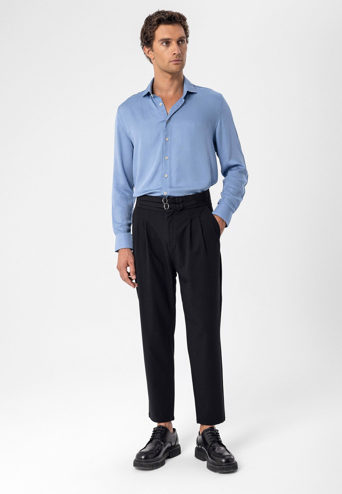 Antioch High-Waisted Belted Pleated Fabric Pants