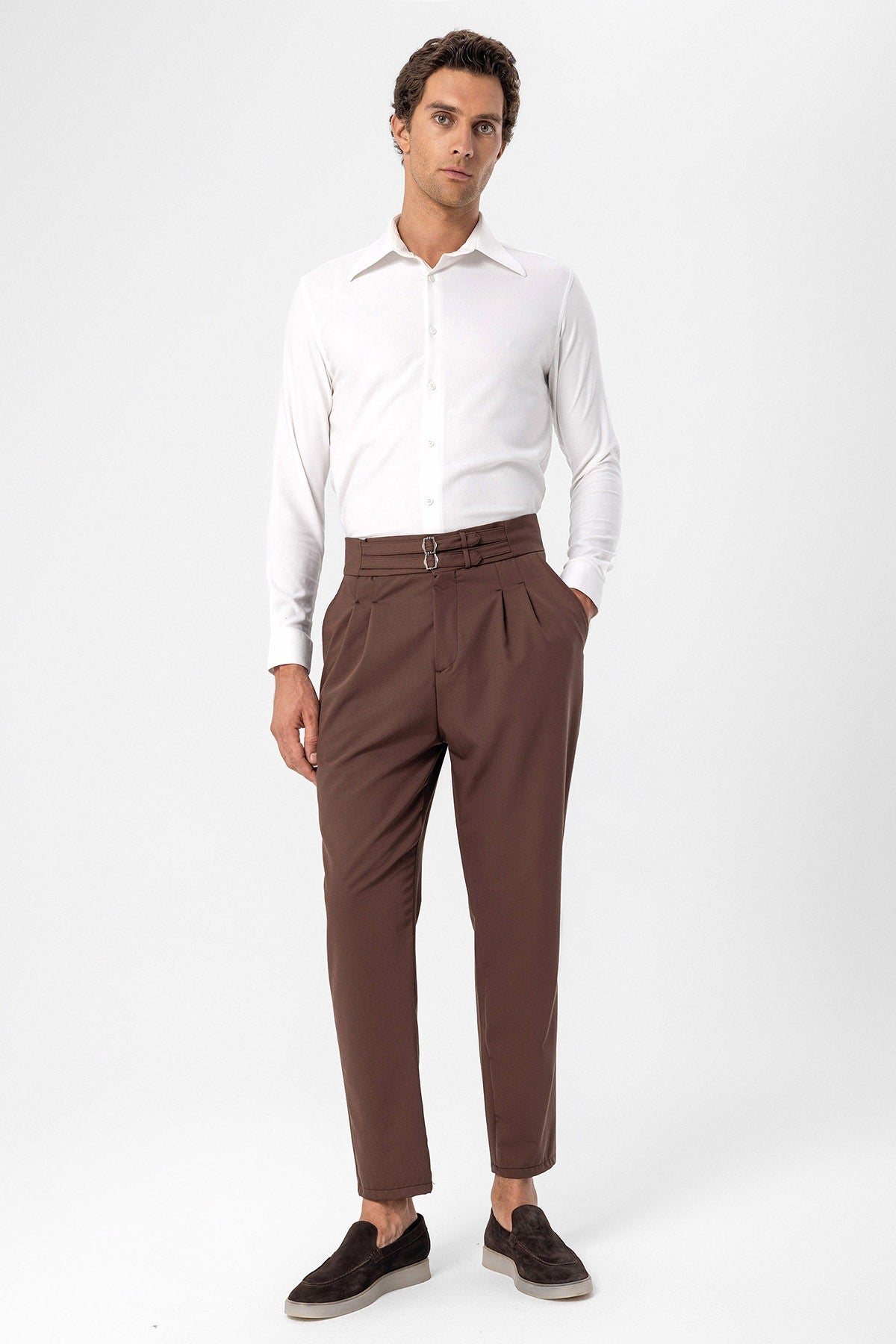 Antioch High-Waisted Belted Pleated Fabric Pants