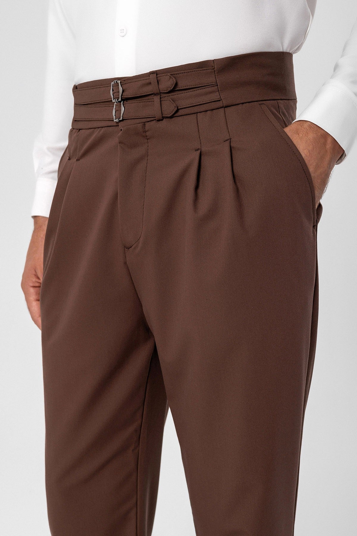 Antioch High-Waisted Belted Pleated Fabric Pants