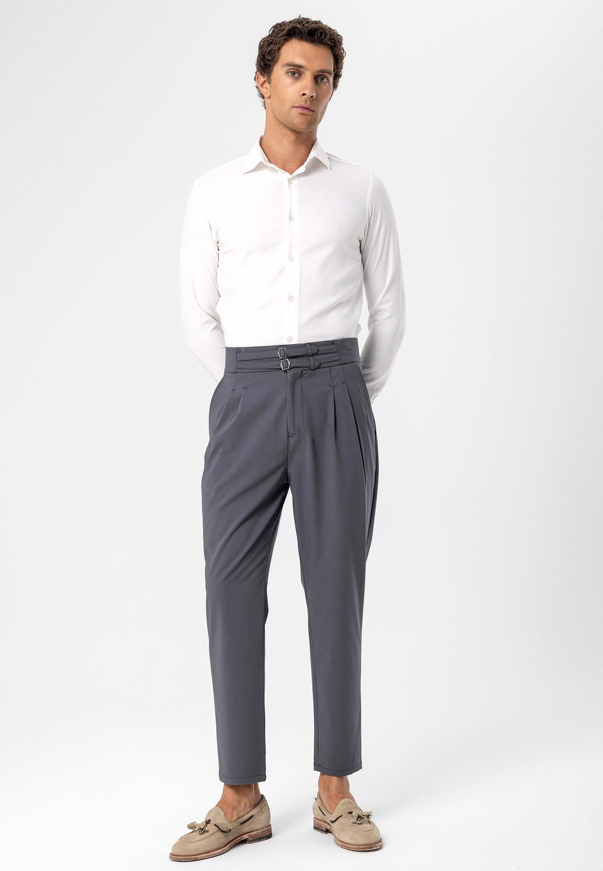 Antioch High-Waisted Belted Pleated Fabric Pants