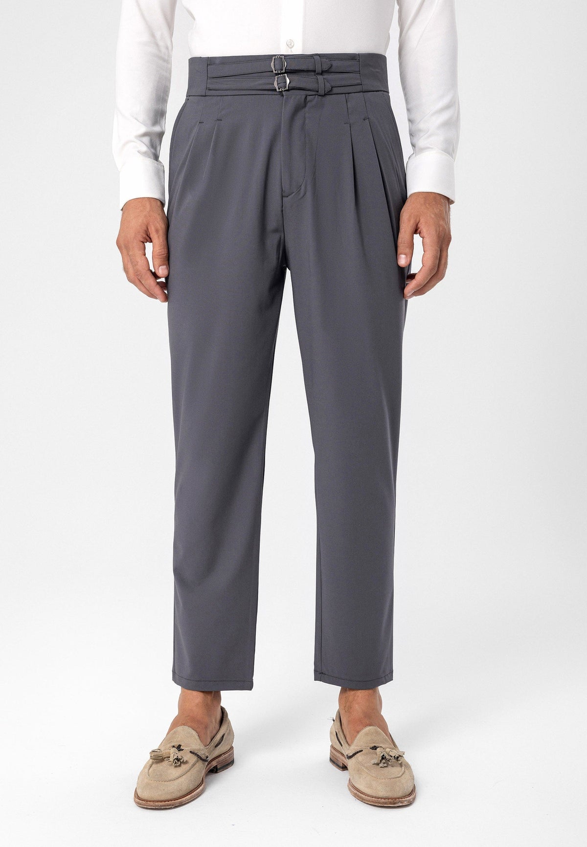 Antioch High-Waisted Belted Pleated Fabric Pants