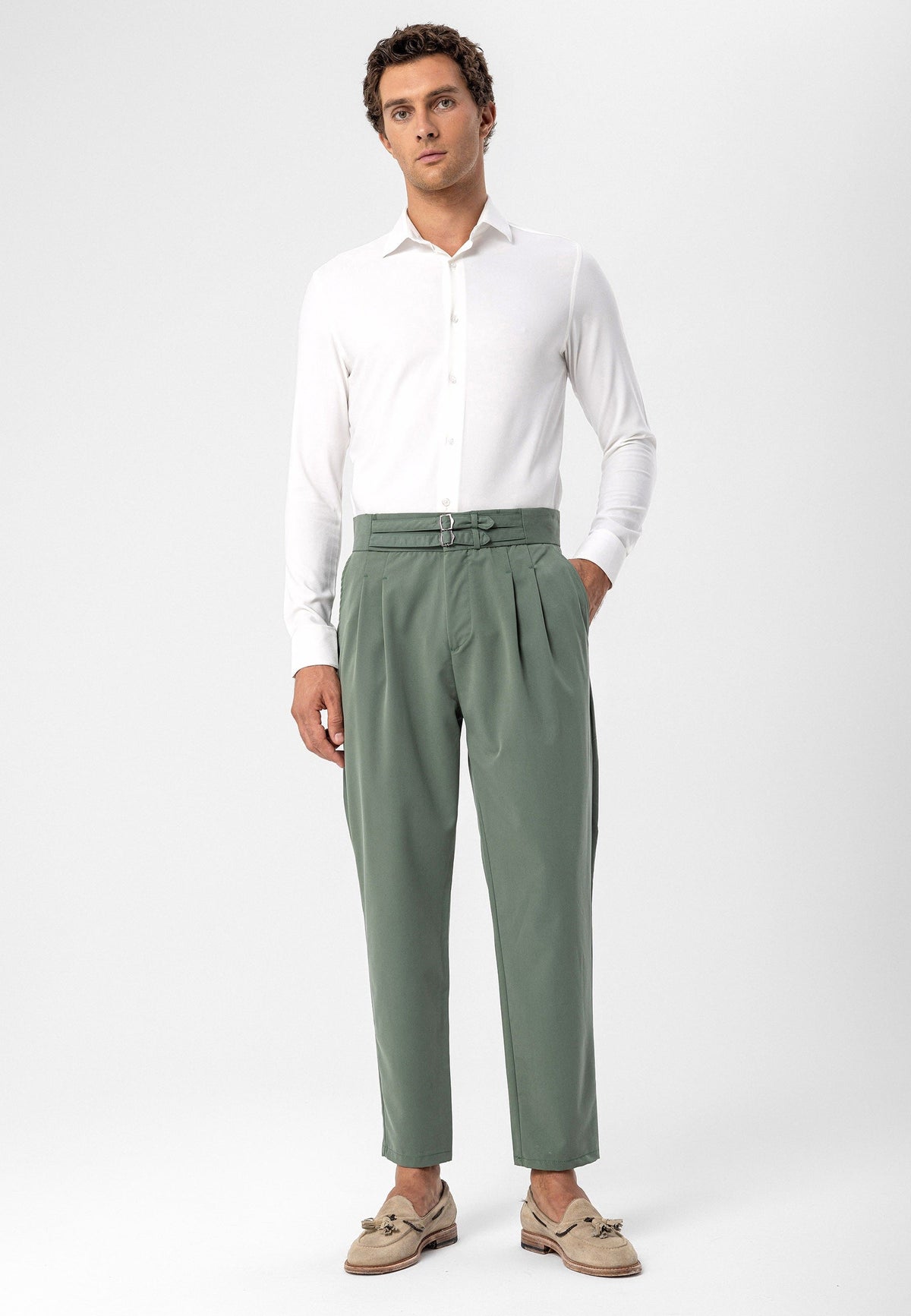 Antioch High-Waisted Belted Pleated Fabric Pants