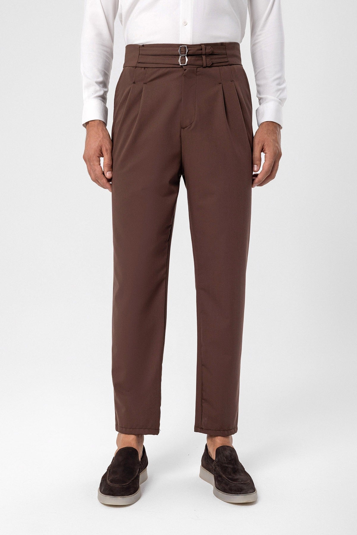 Antioch High-Waisted Belted Pleated Fabric Pants