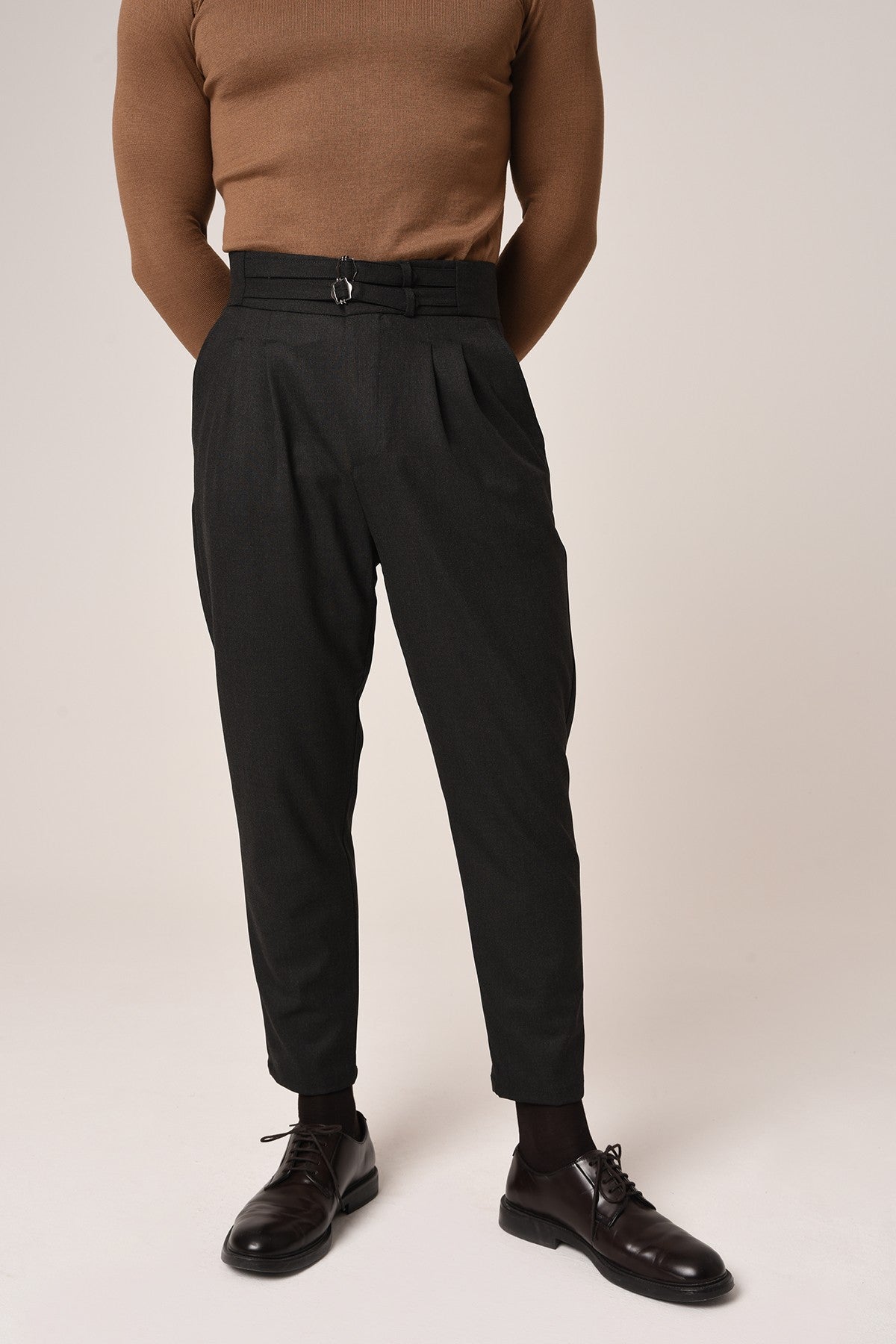 Antioch High-Waisted Belted Pleated Fabric Pants