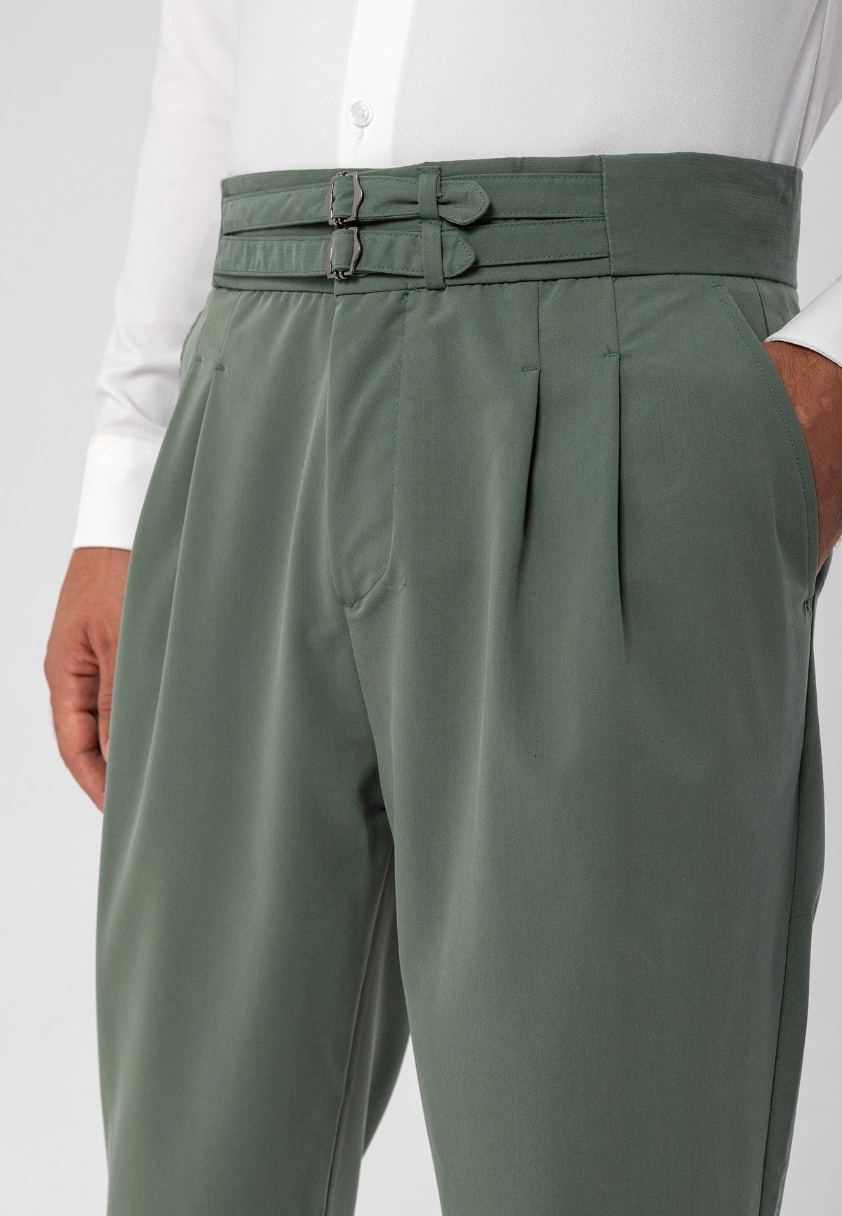 Antioch High-Waisted Belted Pleated Fabric Pants