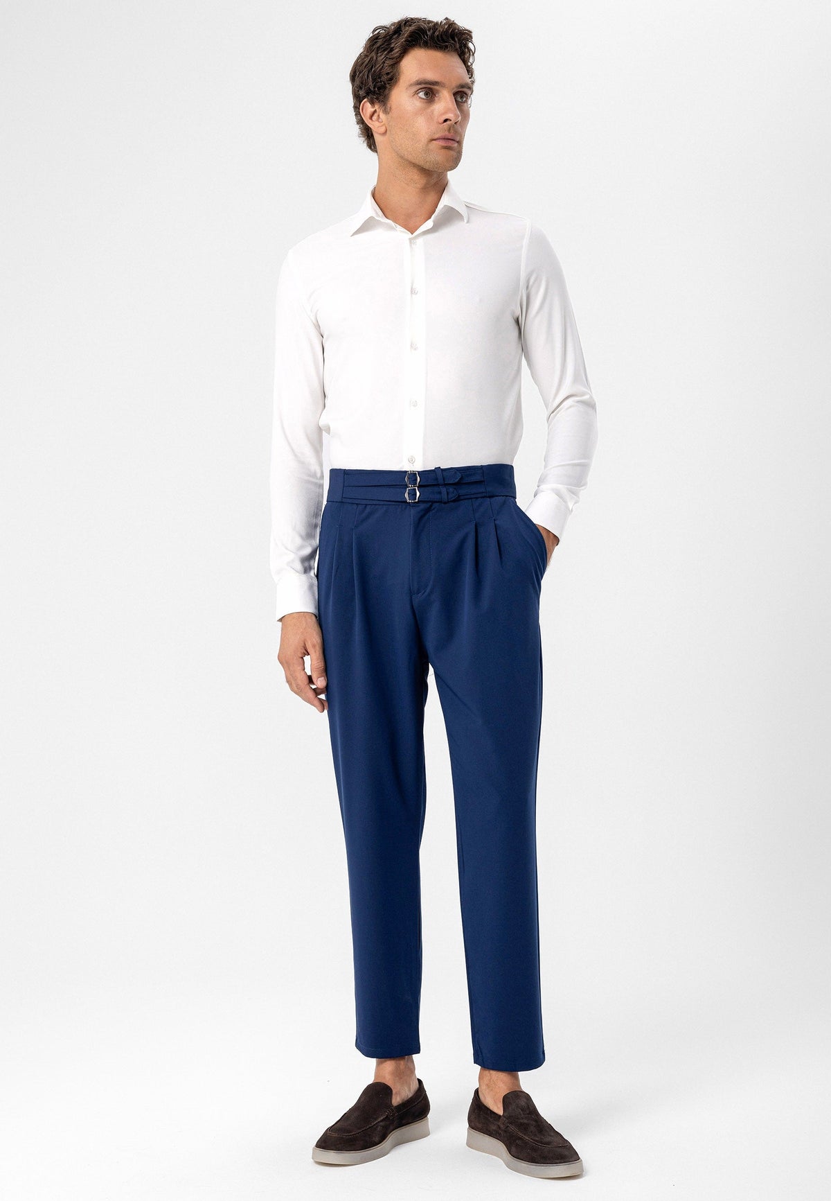 Antioch High-Waisted Belted Pleated Fabric Pants