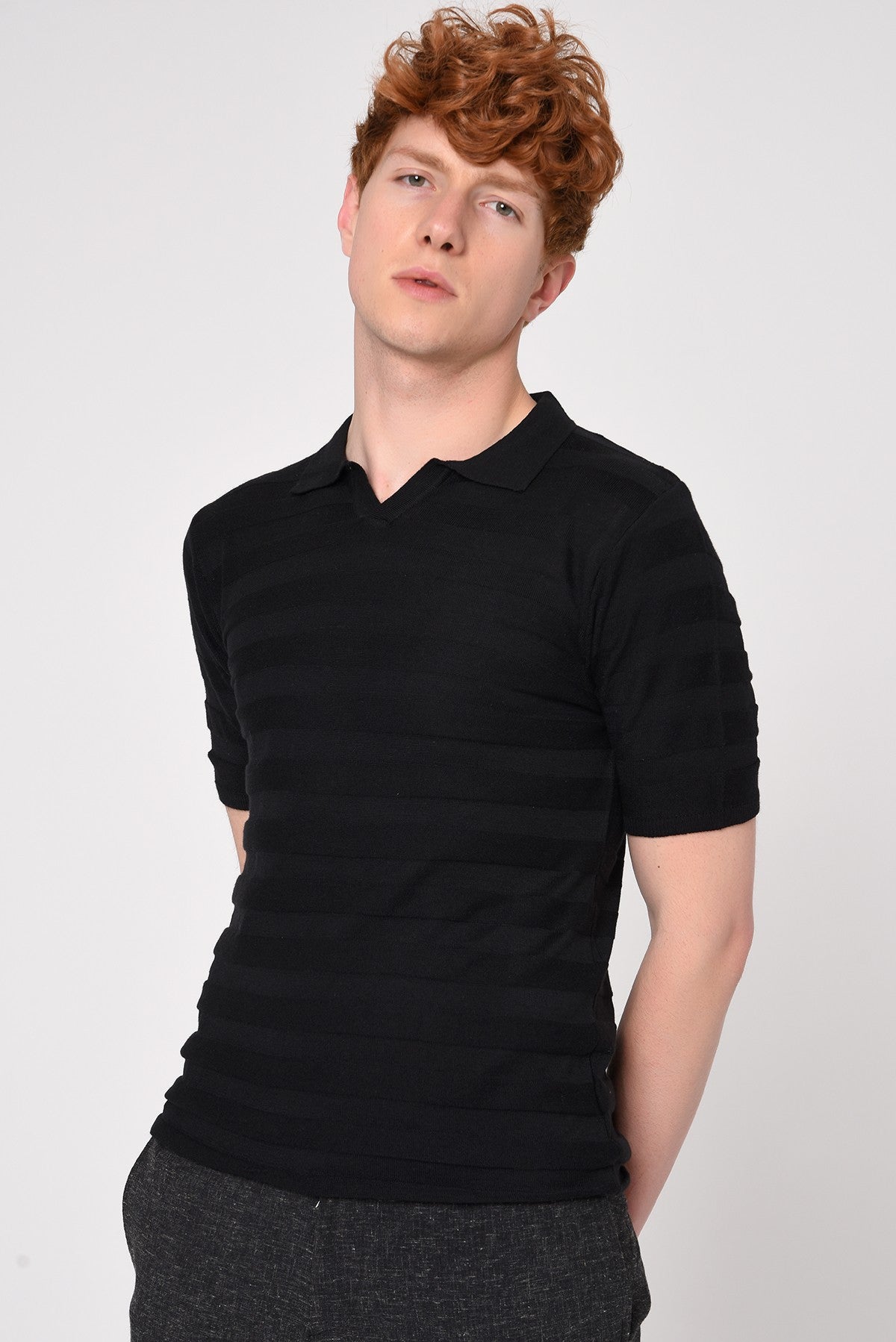 Striped Polo-Neck Patterned Knit T-Shirt