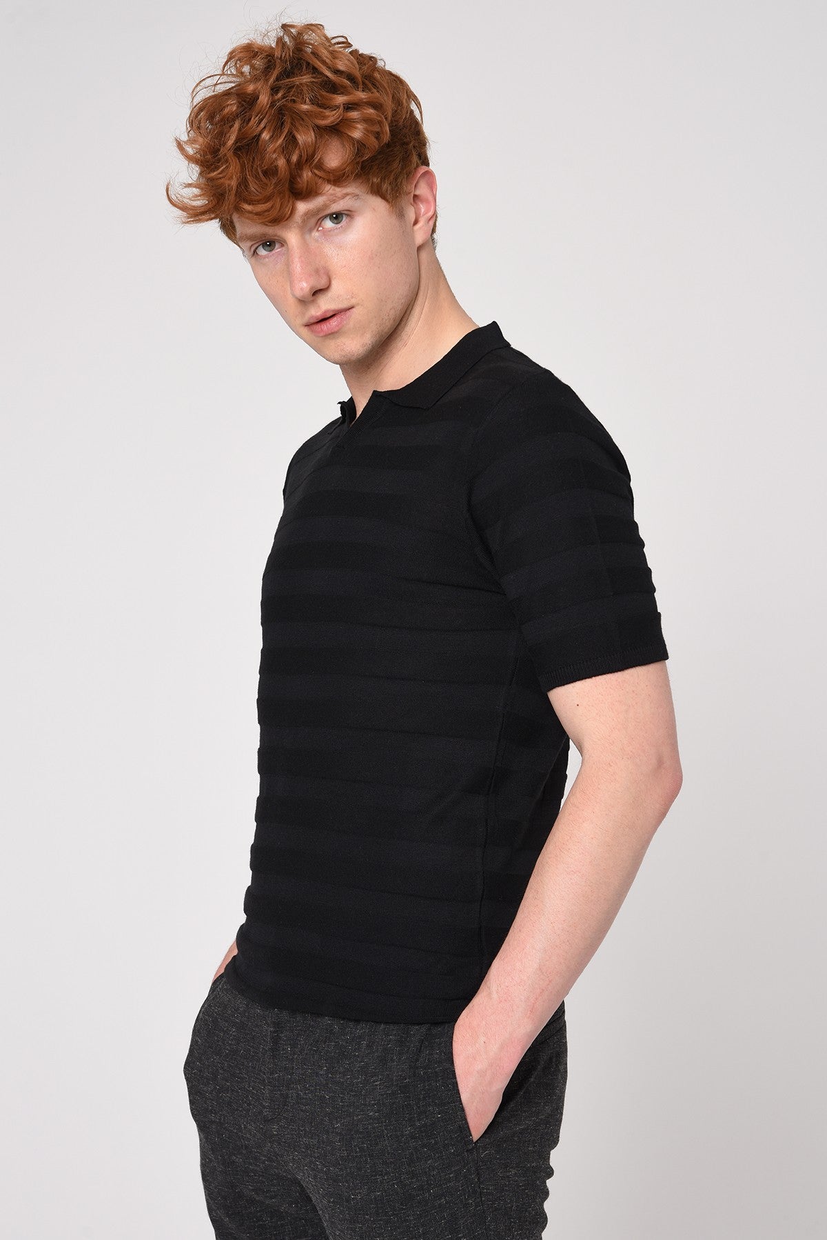 Striped Polo-Neck Patterned Knit T-Shirt