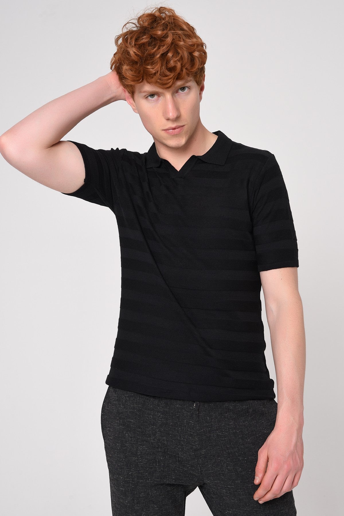 Striped Polo-Neck Patterned Knit T-Shirt