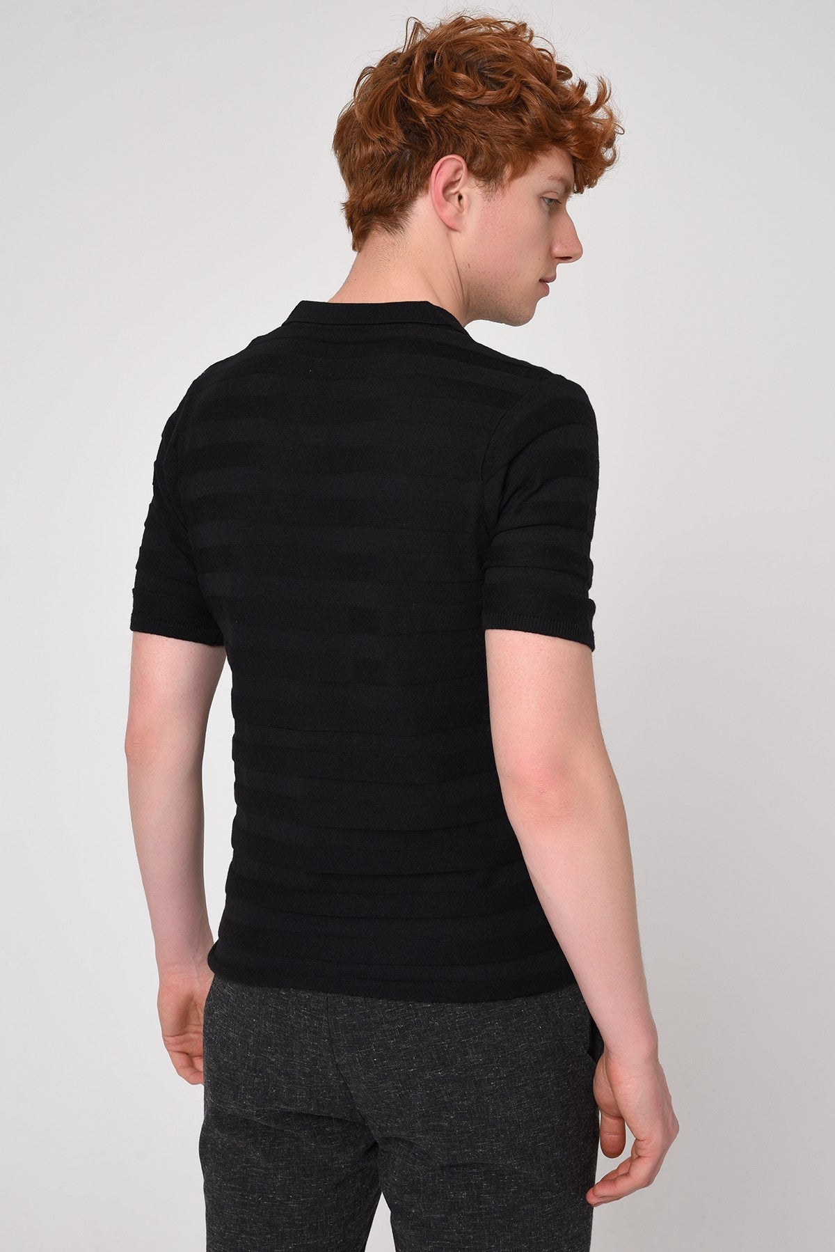 Striped Polo-Neck Patterned Knit T-Shirt