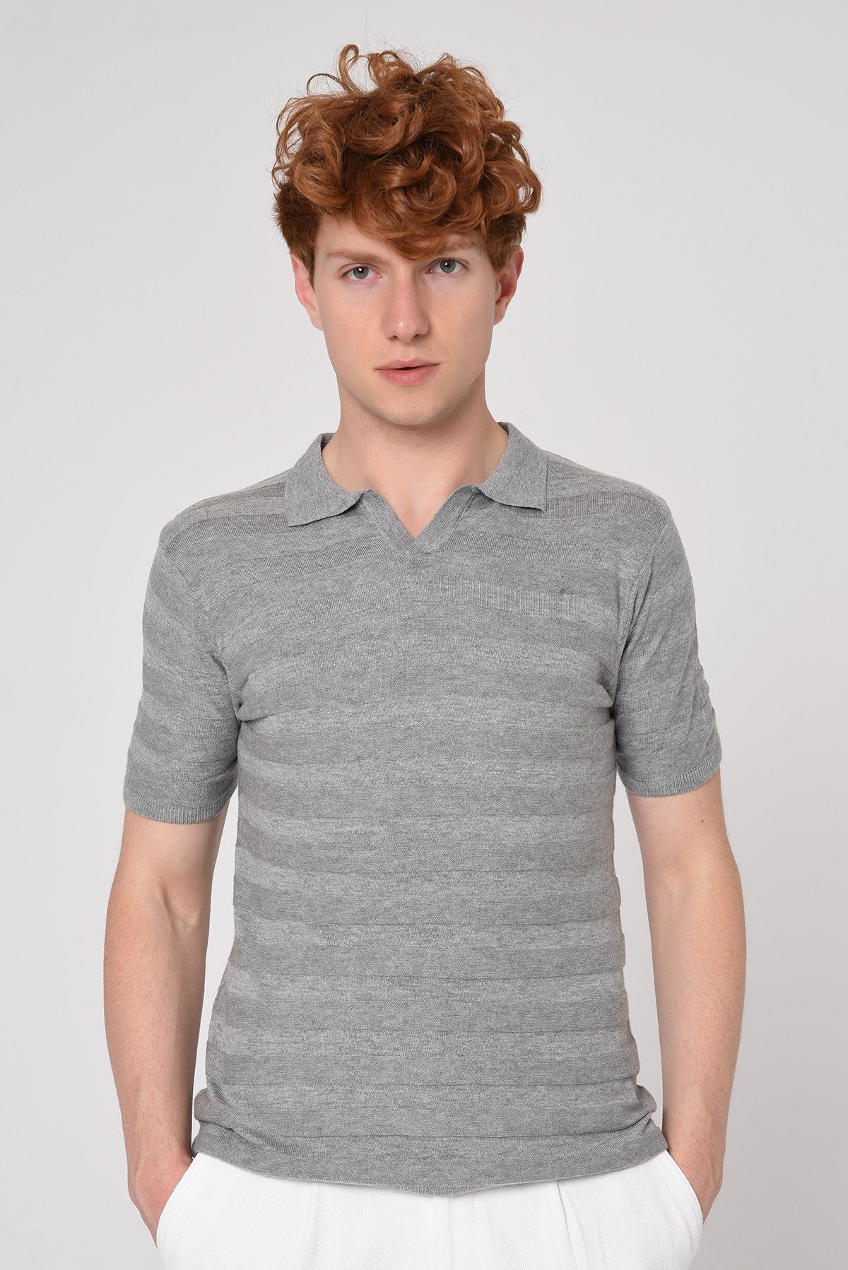 Striped Polo-Neck Patterned Knit T-Shirt