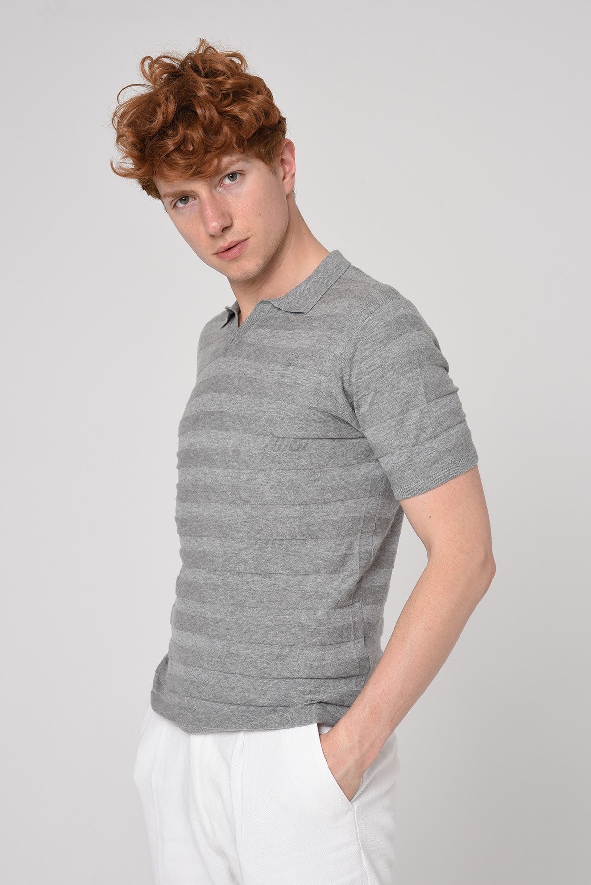 Striped Polo-Neck Patterned Knit T-Shirt