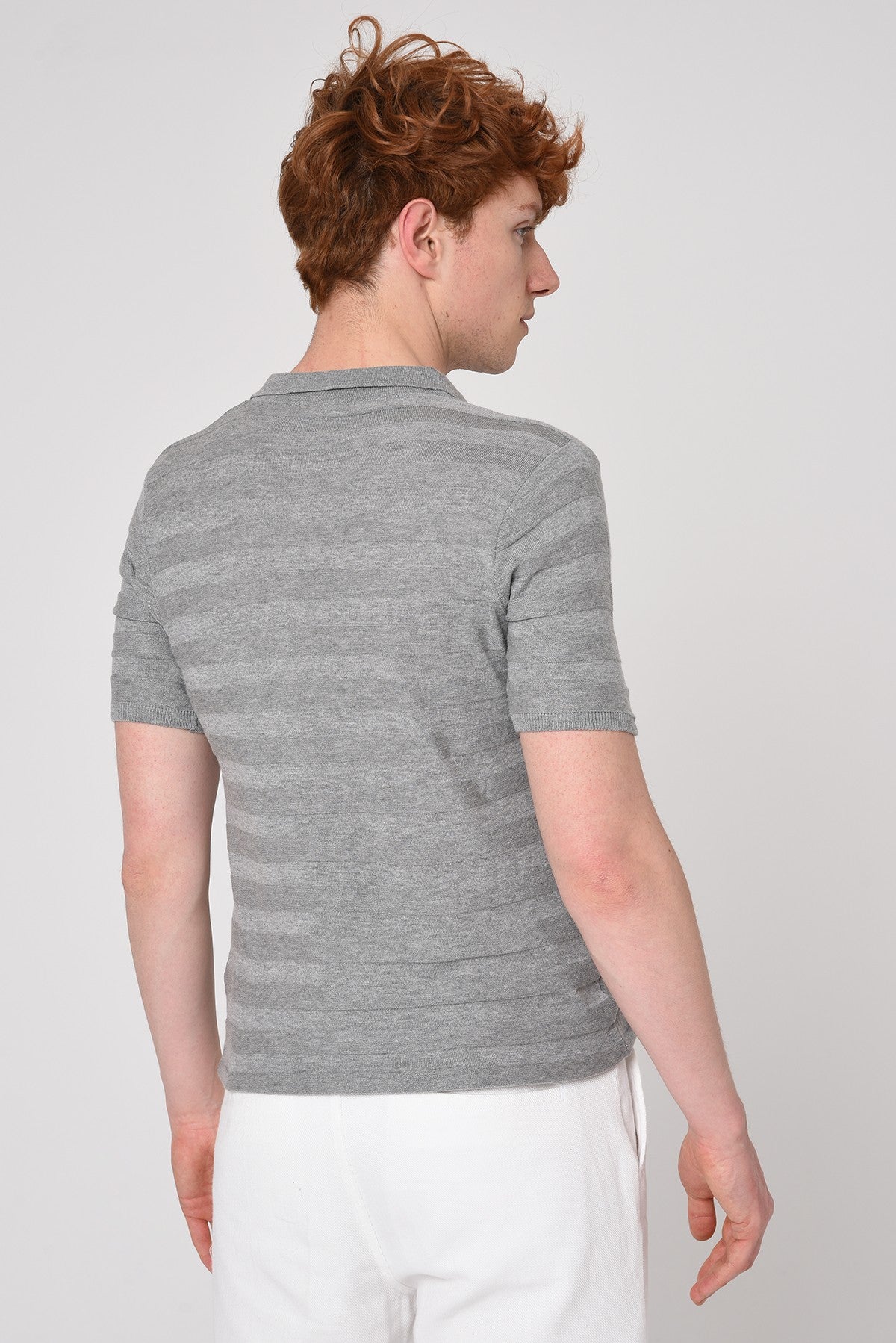 Striped Polo-Neck Patterned Knit T-Shirt
