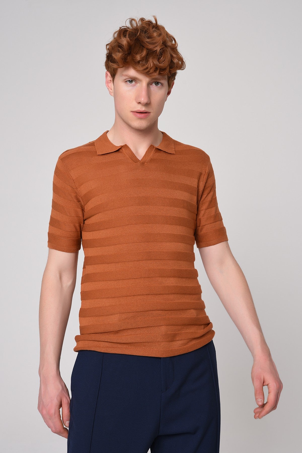Striped Polo-Neck Patterned Knit T-Shirt