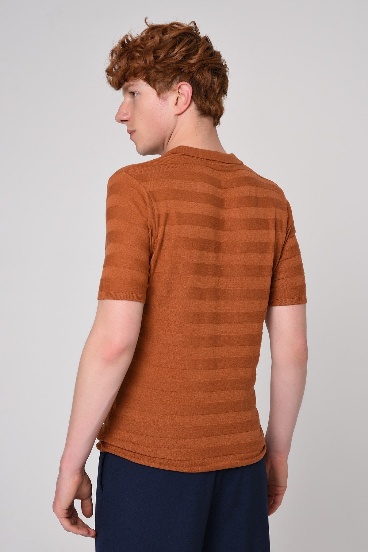 Striped Polo-Neck Patterned Knit T-Shirt
