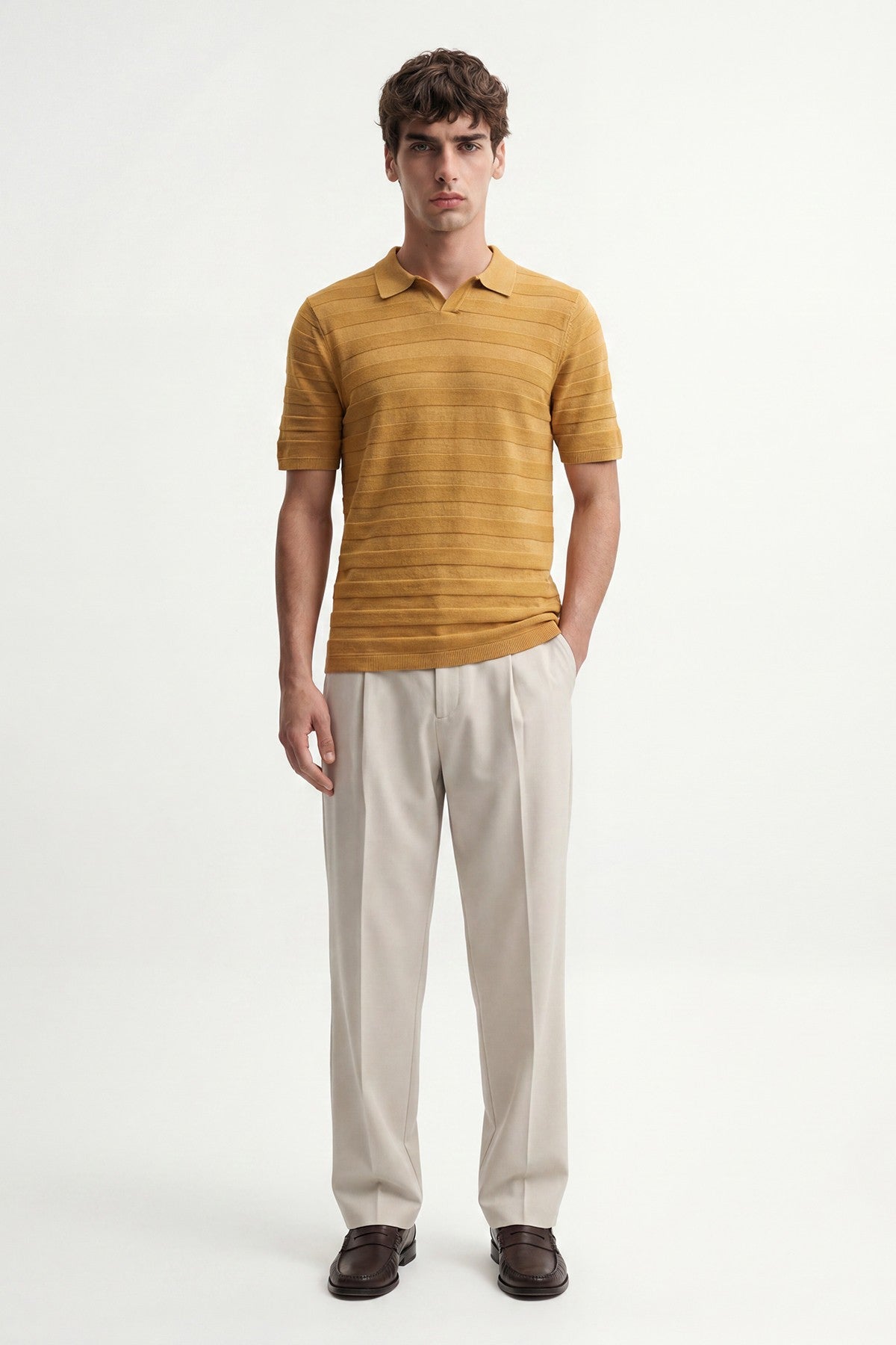 Striped Polo-Neck Patterned Knit T-Shirt