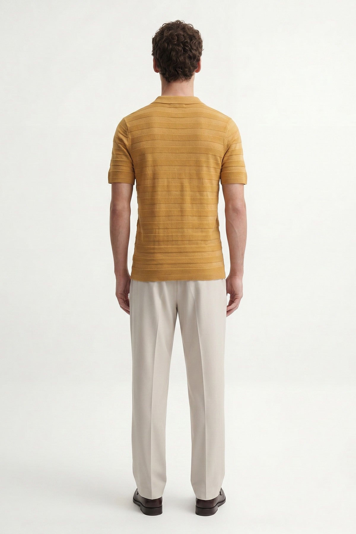 Striped Polo-Neck Patterned Knit T-Shirt