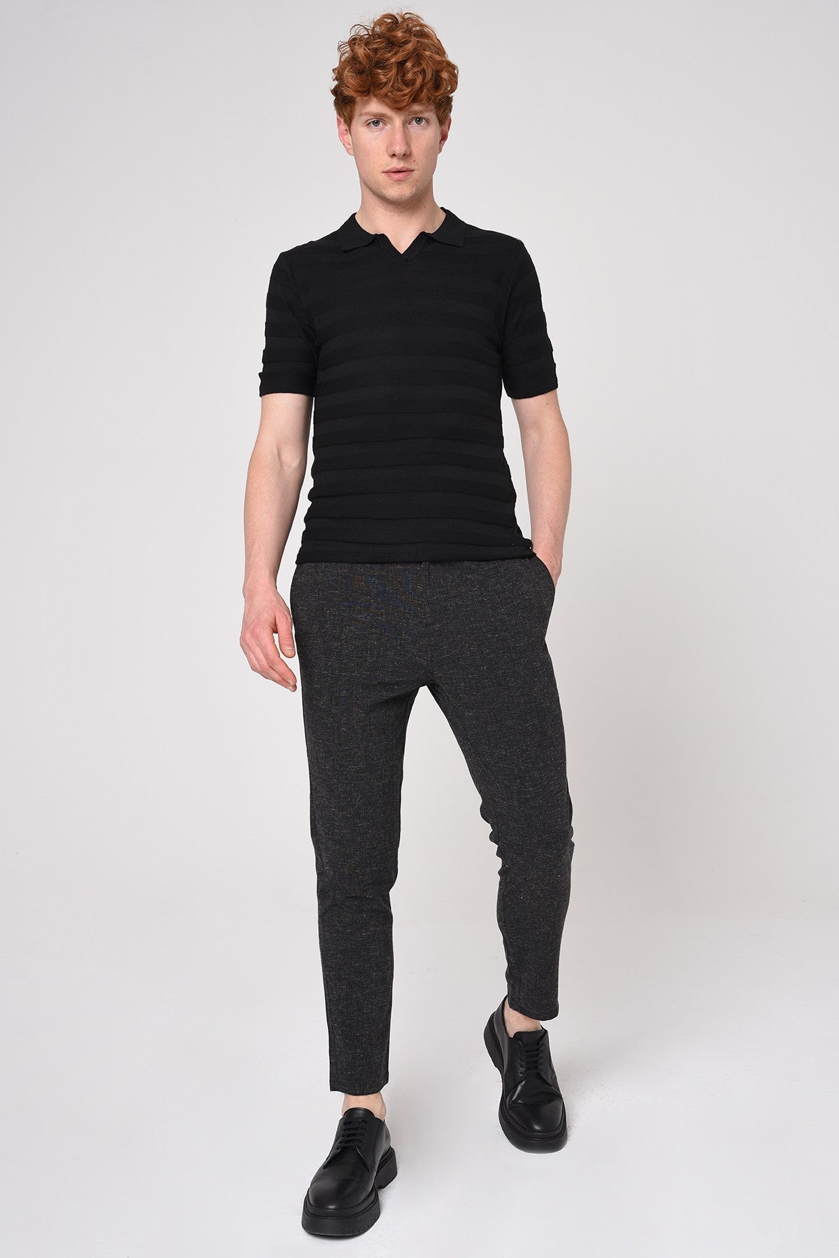 Striped Polo-Neck Patterned Knit T-Shirt