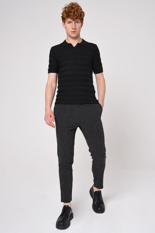 Striped Polo-Neck Patterned Knit T-Shirt