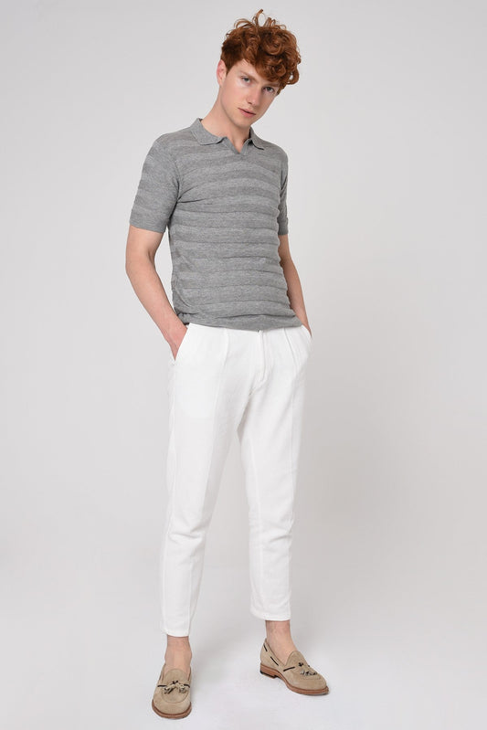 Striped Polo-Neck Patterned Knit T-Shirt